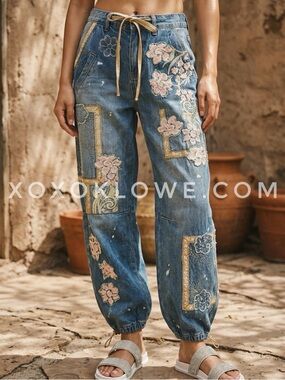 Oli & Hali Patchwork Floral Convertible Jogger Jeans | Straight Leg Denim Pants